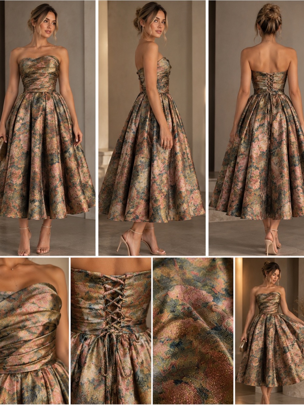 Azazie Strapless Floral Brocade Midi Dress in Green and Pink
